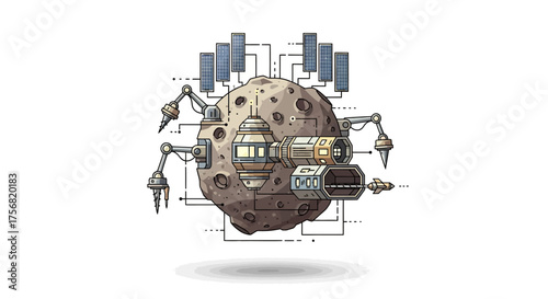 Cartoonish futuristic lunar base illustration showcasing space exploration and resource gathering