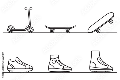 Skate icons set. set of skate outline icons such as kick scooter, skateboard, skating. one line Icon drawing with white background