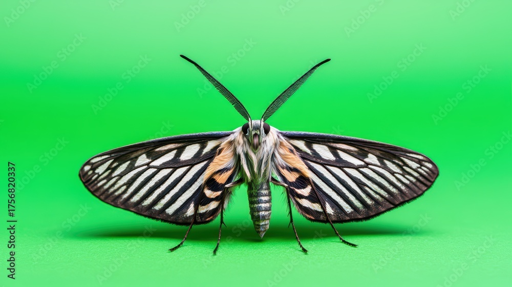 Obraz premium Moth concept. Close-Up Image of Elegant Moth with Black and White Stripes on Vibrant Green Background