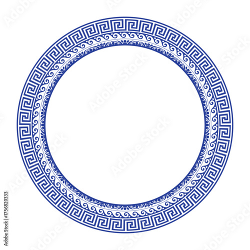 Round frame with Greek ornament. Circle porcelain plate with arabesques, floral ornament. Greek key, floral meander. Patterns of Greece, ancient Rome. For textile, embroidery, porcelain, laser cutting