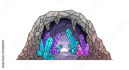 Mystical crystal cave illustration with jagged rock formations and glowing gemstones