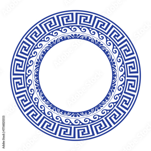 Greek blue round frame. Patterns of Greece and ancient Rome. Greek round frame. Round ornament. Greek meander. Round antique greek border. Typical egyptian, assyrian and greek motives
