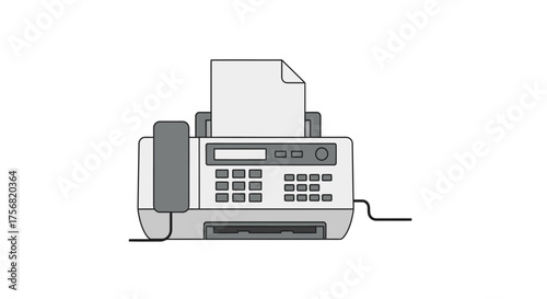 Simple grey fax machine cartoon illustration with telephone receiver on the side