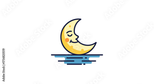 Stylized crescent moon resting peacefully upon a calm blue water surface in isolation