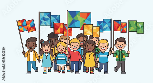 Diverse Group of Children Marching with Flags Representing Unity and Togetherness