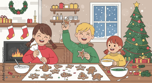 Festive family fun: Kids happily decorate Christmas cookies in a cozy holiday home setting