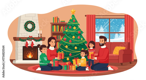 A cheerful family gathered around the christmas tree unwrapping gifts sharing joy together indoors