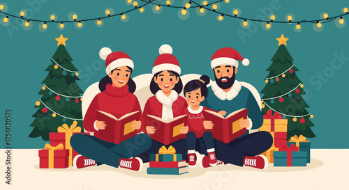 Illustrative Christmas family scene reading together amidst holiday cheer and twinkling lights