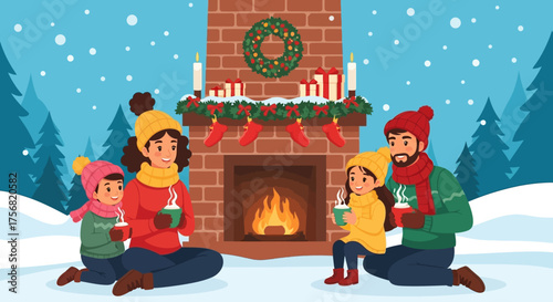 A cozy family scene by the fireplace during the festive winter season with snow falling