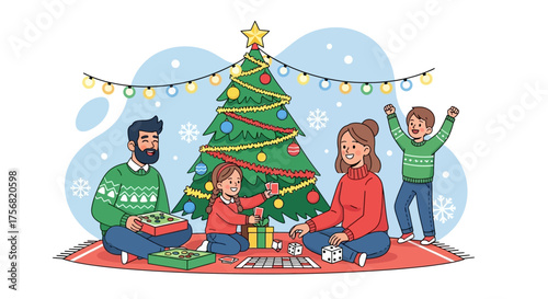 Festive family gathering playing board games beneath the twinkling Christmas tree lights indoor