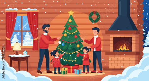 Family decorating Christmas tree, holiday joy and festive ambiance in cozy living room scene