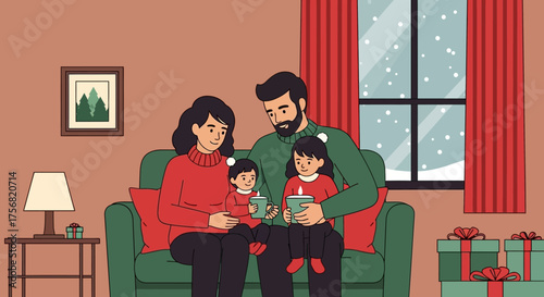 Cozy winter scene of a family enjoying a peaceful moment in their decorated home on christmas