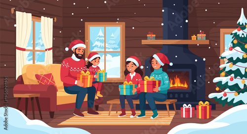 Joyful Family Celebration: Cozy Christmas Scene in a Rustic Cabin with Gifts and Festive Decor