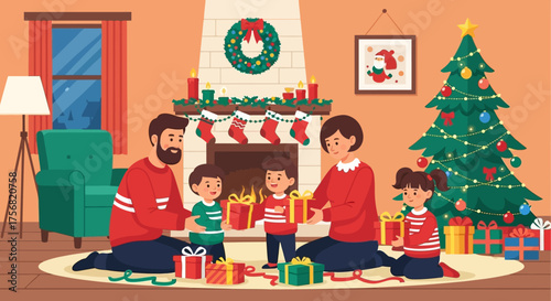 Festive family exchanging presents, creating cherished Christmas moments in cozy ambiance indoors