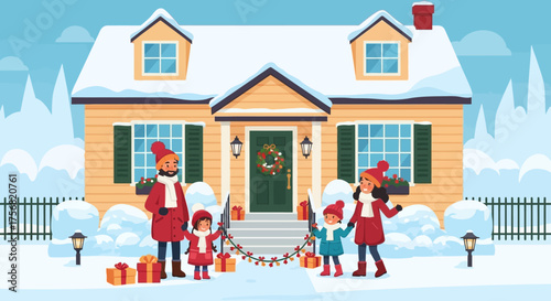 Festive family decorating their snow covered home for the holidays bringing joy and cheer