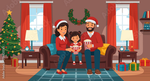 Cozy christmas family celebration watching a movie together with christmas decoration indoors