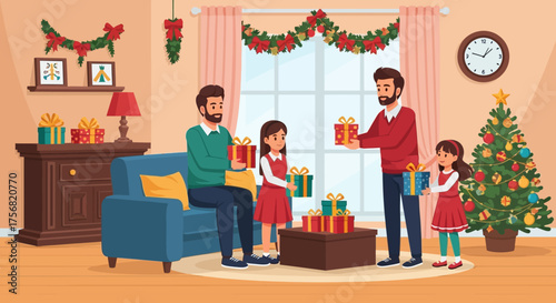 Festive family exchanging christmas gifts in decorated living room with warm holiday atmosphere