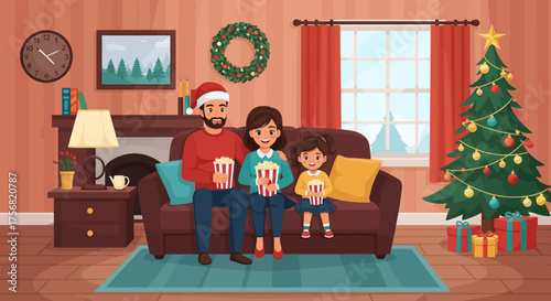 Festive family movie night scene with christmas tree and decorations inside cozy living room