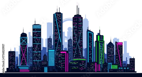 Vibrant cityscape at night, a modern urban skyline with neon lights illuminating the architecture