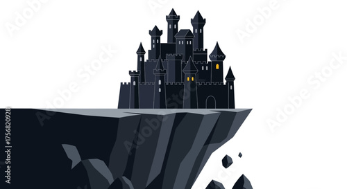 Stylized castle illustration on a rocky cliff against a stark white background landscape