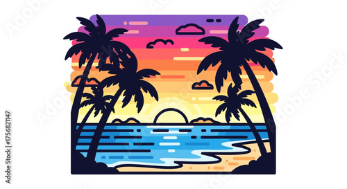 Tropical getaway vista, serene beach sunset silhouette, palm trees tranquility landscape