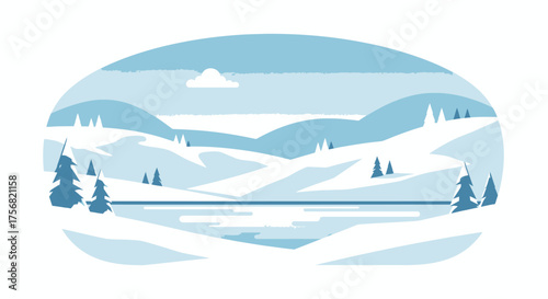 Serene minimalist winter landscape with snow-covered hills, evergreens, and a calm lake illustration
