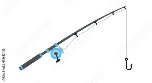 Simple stylized illustration of a fishing rod with reel and hook ready for angling adventure