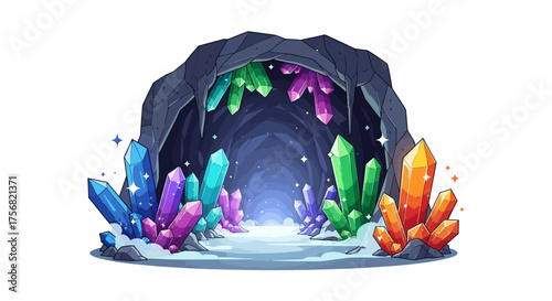 Enchanted Crystal Cave Passage: A Colorful Digital Illustration of a Mysterious Grotto