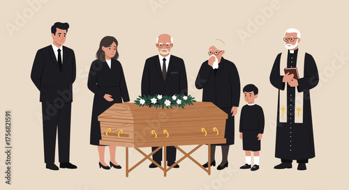 Family gathered around casket during funeral service in church  
