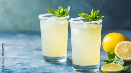 Refreshing lemonade or limeade in two sugar rimmed glasses