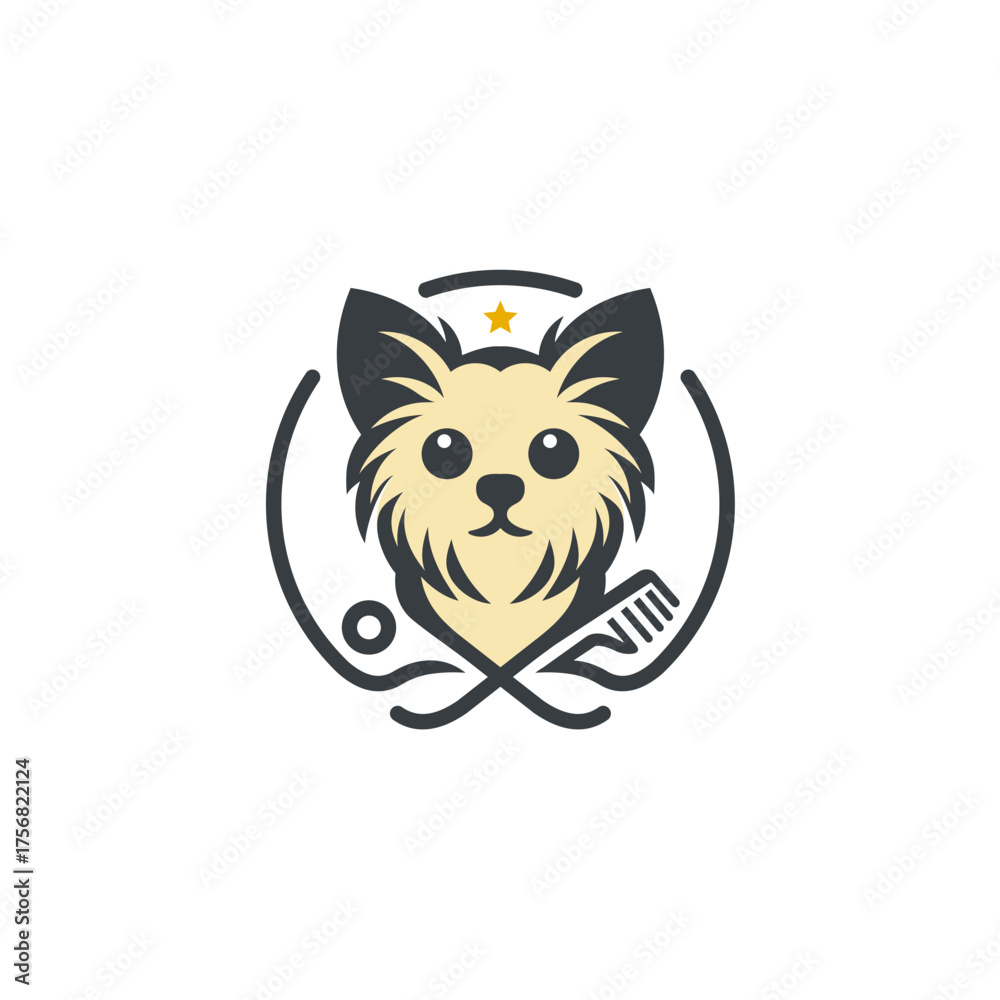 Fototapeta premium Stylized Dog Grooming Logo with Comb and Scissors Silhouette