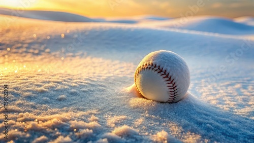 A snow-covered baseball rests in a pristine, sunlit field of undisturbed winter snow, awaiting the return of spring