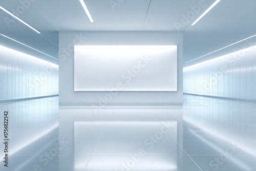 Wallpaper Mural Modern minimalist interior space with glossy white floors and illuminated walls, featuring a large blank display area for creative mock up design applications Torontodigital.ca