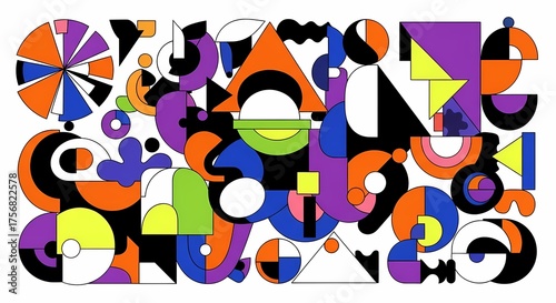 Vibrant abstract composition of geometric shapes and colors modern digital art illustration