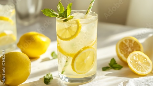 Refreshing lemonade with lemon and glass on light background