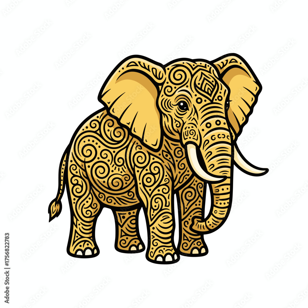 Fototapeta premium Majestic Elephant with Intricate Golden Swirling Black Line Pattern Detailed Vector Art