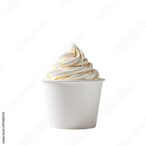 Swirled soft-serve ice cream in a white cup against a black backdrop