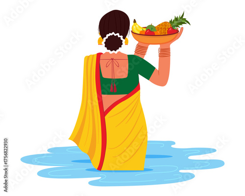 Women doing prayer of God Sun on chhath puja festival and bathing in river vector illustration