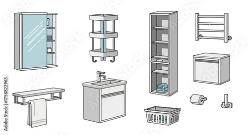 A line art depiction of various bathroom fixtures and furnishings