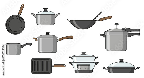 A variety of cookware is shown including pots pans a wok and a pressure cooker