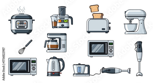 A kitchen appliance set features toaster mixer kettle blender and more