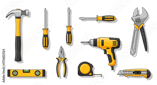 An array of handyman tools are arranged on a plain background