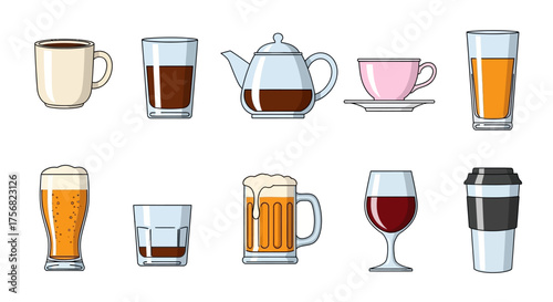 An array of ten illustrations each depicting different drink containers and their contents