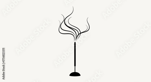 Minimalist illustration of incense stick with stylized smoke trails on off-white background