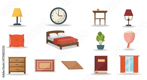 Array of bedroom items bed lamps clock table pillow plant curtains nightstand book rug and floorboard