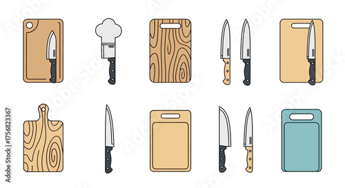 Array of kitchen tools cutting boards chef hat and knives presented in a neat organized manner