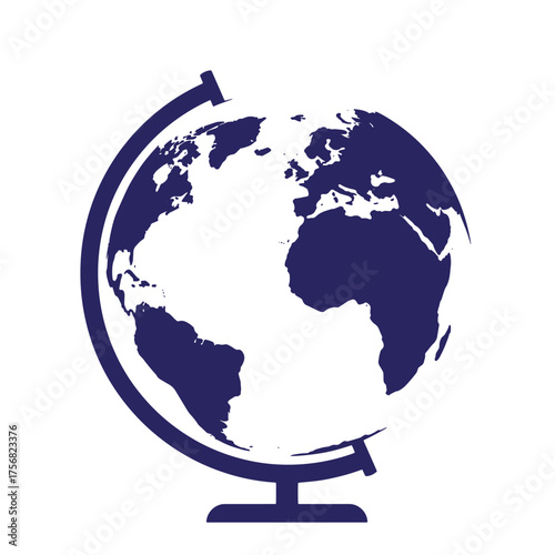 A stylish dark blue simple world globe illustration in a vintage style
