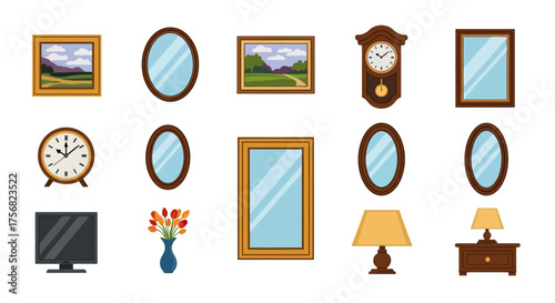Assorted indoor objects framed paintings mirrors clocks a TV flowers lamps and a nightstand