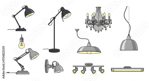 Assorted lighting fixtures including table floor ceiling and wall lamps