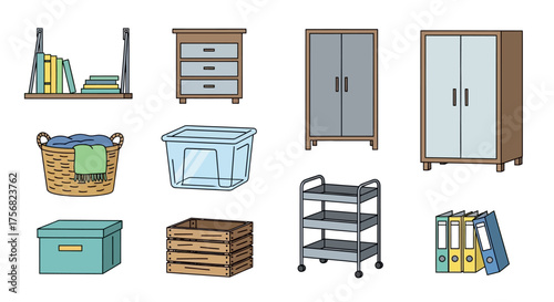 Assortment of storage items shelves cabinets baskets boxes cart and binders